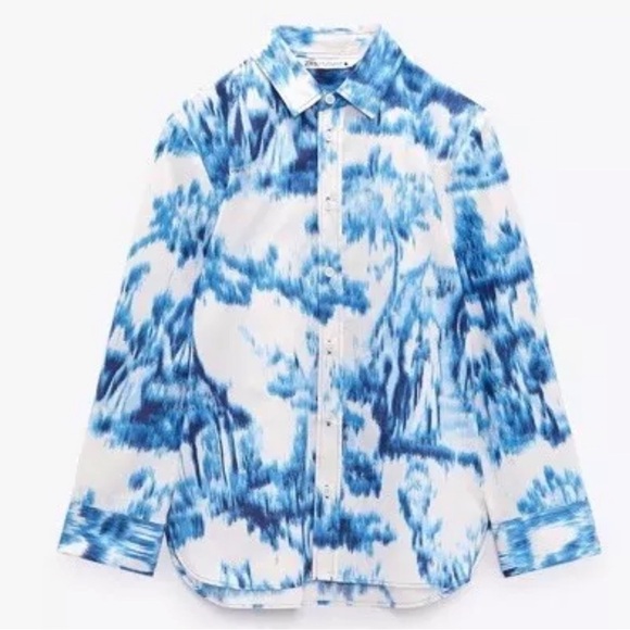 ZARA Printed Poplin Shirt  Collared Blouse Blue White  Size XS Womens New 3134 - Picture 2 of 7